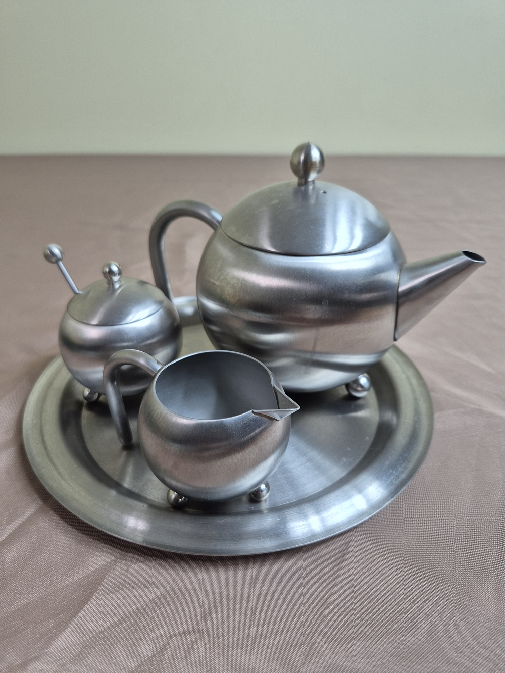 Vintage 1970s Stainless Steel Tea Set with Tray Mid-Century Ball Feet Set